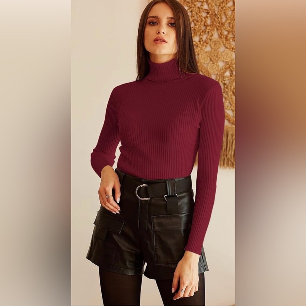 Burgundy Ribbed Turtleneck Long Sleeve Top